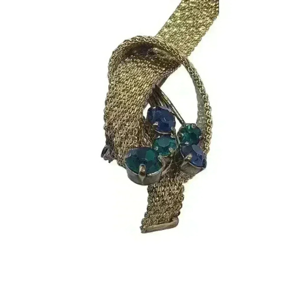 Vintage Brooch Mesh Ribbon Bow Blue & Green Rhinestone 1950s Gold Wash plated - Picture 3 of 10